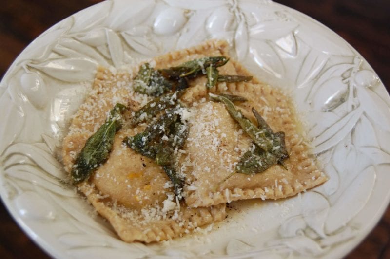 Homemade Butternut Squash Ravioli on a plate. 