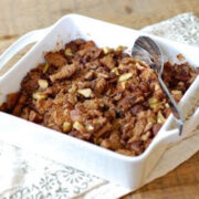 chestnut stuffing in a white baking dish