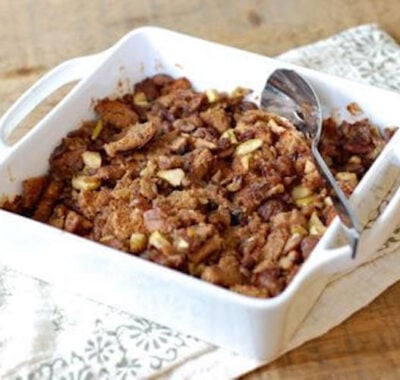 chestnut stuffing in a white baking dish