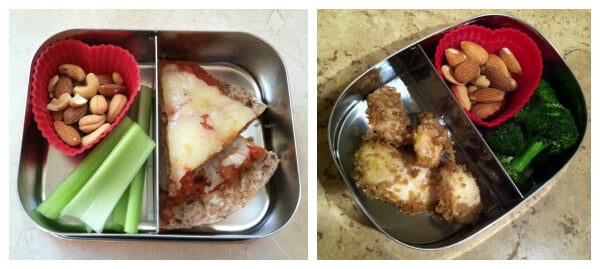 Whole-wheat pizza, celery, nut mix lunch + Homemade whole-wheat chicken nuggets, broccoli, and nut mix lunch