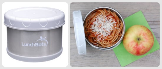 Almost 2 full servings of whole-wheat pasta and an organic apple in LunchBots container - 100 Days of Real Food