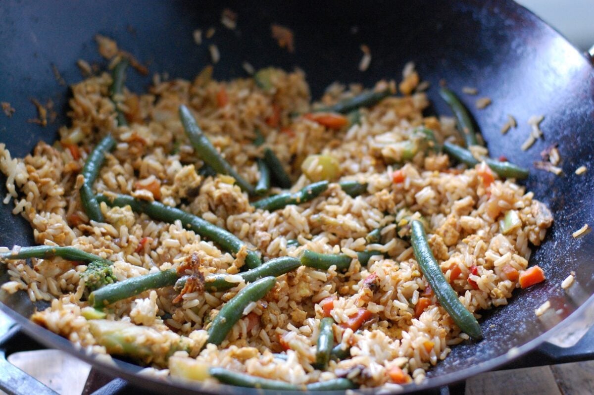 fried rice in a wok.