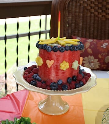 Watermelon cake using only fruit for a rainbow themed party.