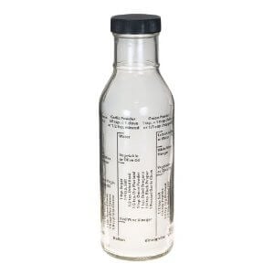 Salad dressing bottle that shows ingredients and measurements.