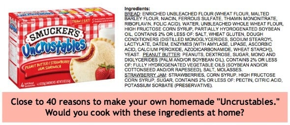 Ingredient list of store-bought Smucker's Uncrustables sandwiches. 