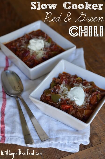 Slow Cooker Red and Green Chili in two white bowls