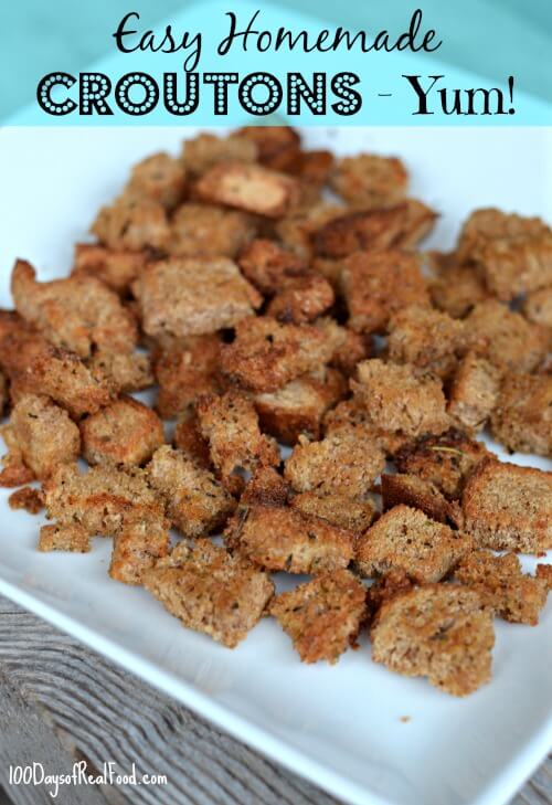 Easy Homemade Croutons that have been made with whole wheat sandwich bread