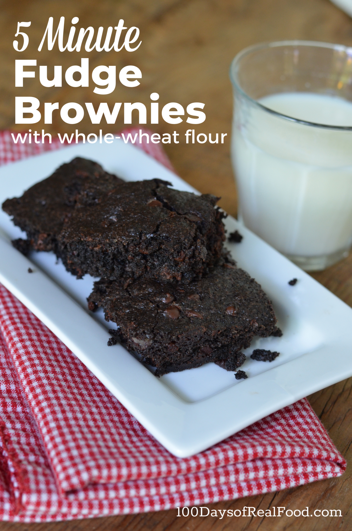 A plate of gooey fudge brownies with a cold glass of milk. 