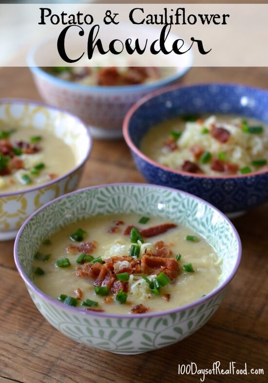 Potato and Cauliflower Chowder in three decorative bowls topped with green onions and bacon.