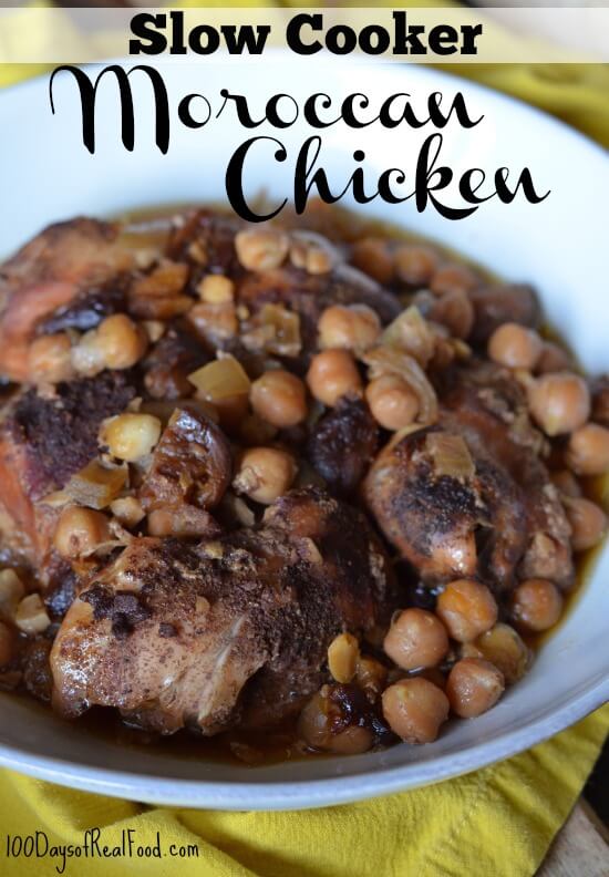 Slow Cooker Moroccan Chicken with chickpeas in a white bowl.