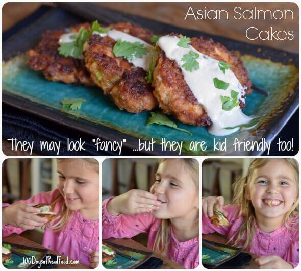 Homemade salmon cakes with a creamy white sauce on top and a little girl enjoying them.