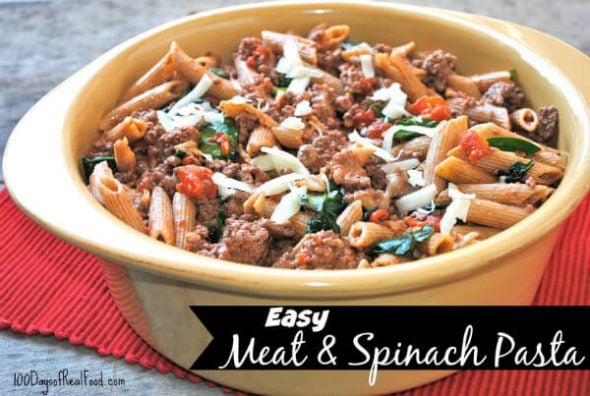Easy Meat and Spinach Pasta on 100 Days of #RealFood