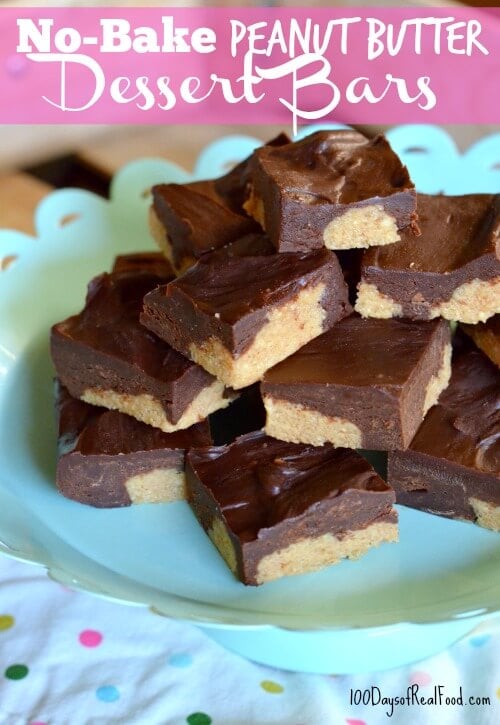 Plate full of No-Bake Peanut Butter Dessert Bars piled on top of each other.