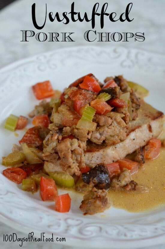 Unstuffed pork chops topped with peppers, apricots and onions.
