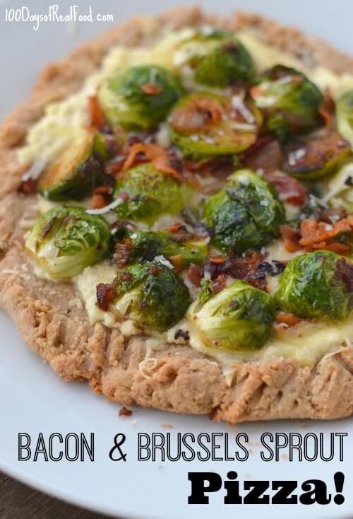 Bacon and Brussels Sprout Pizza on a white plate.