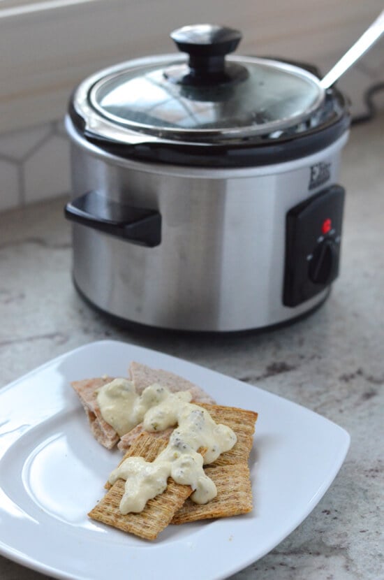 Cheesy Broccoli Dip in mini slow cooker on 100 Days of #RealFood