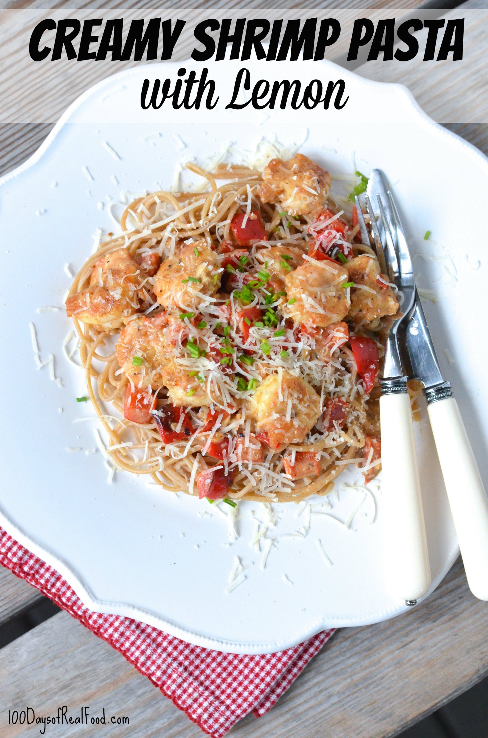 Creamy Shrimp Pasta with Lemon on a white plate