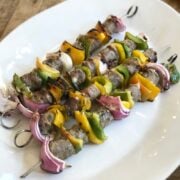 Grilled sausage kabobs will bell peppers and onions