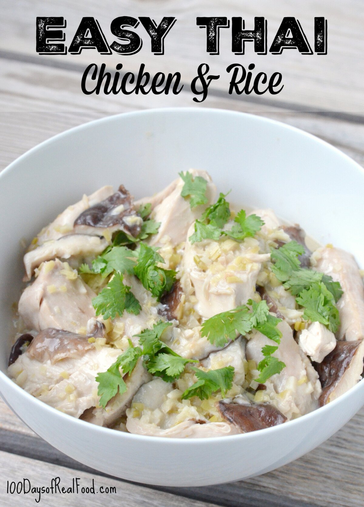 Thai Chicken and Rice with mushrooms topped with cilantro in a white bowl.