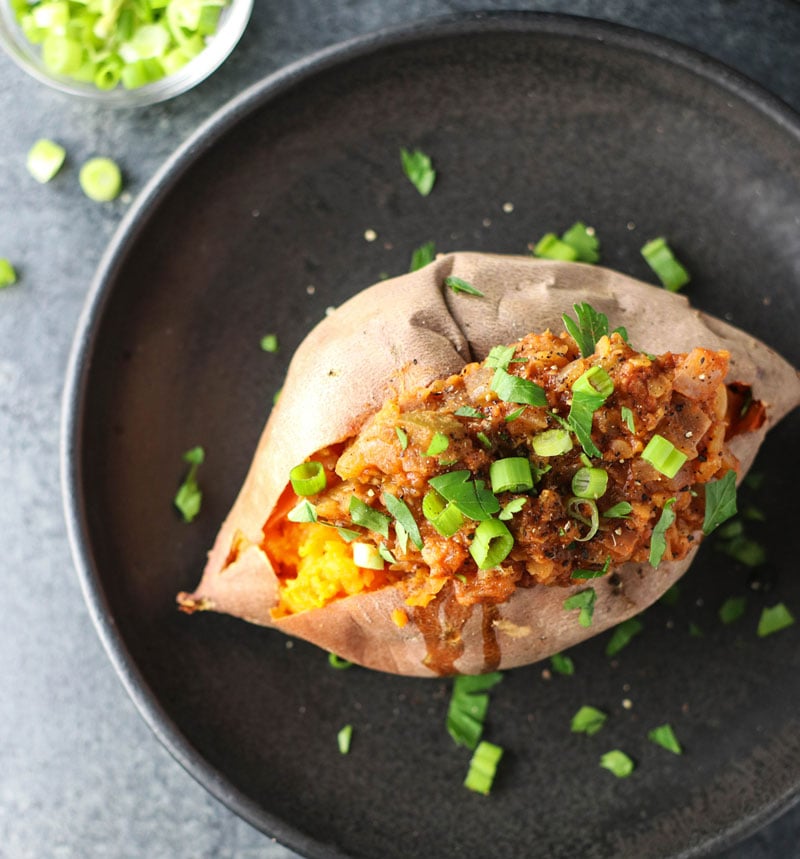 Lentil Sloppy Joe Stuffed Sweet Potatoes (+ how to save money while eating well) on 100 Days of Real Food