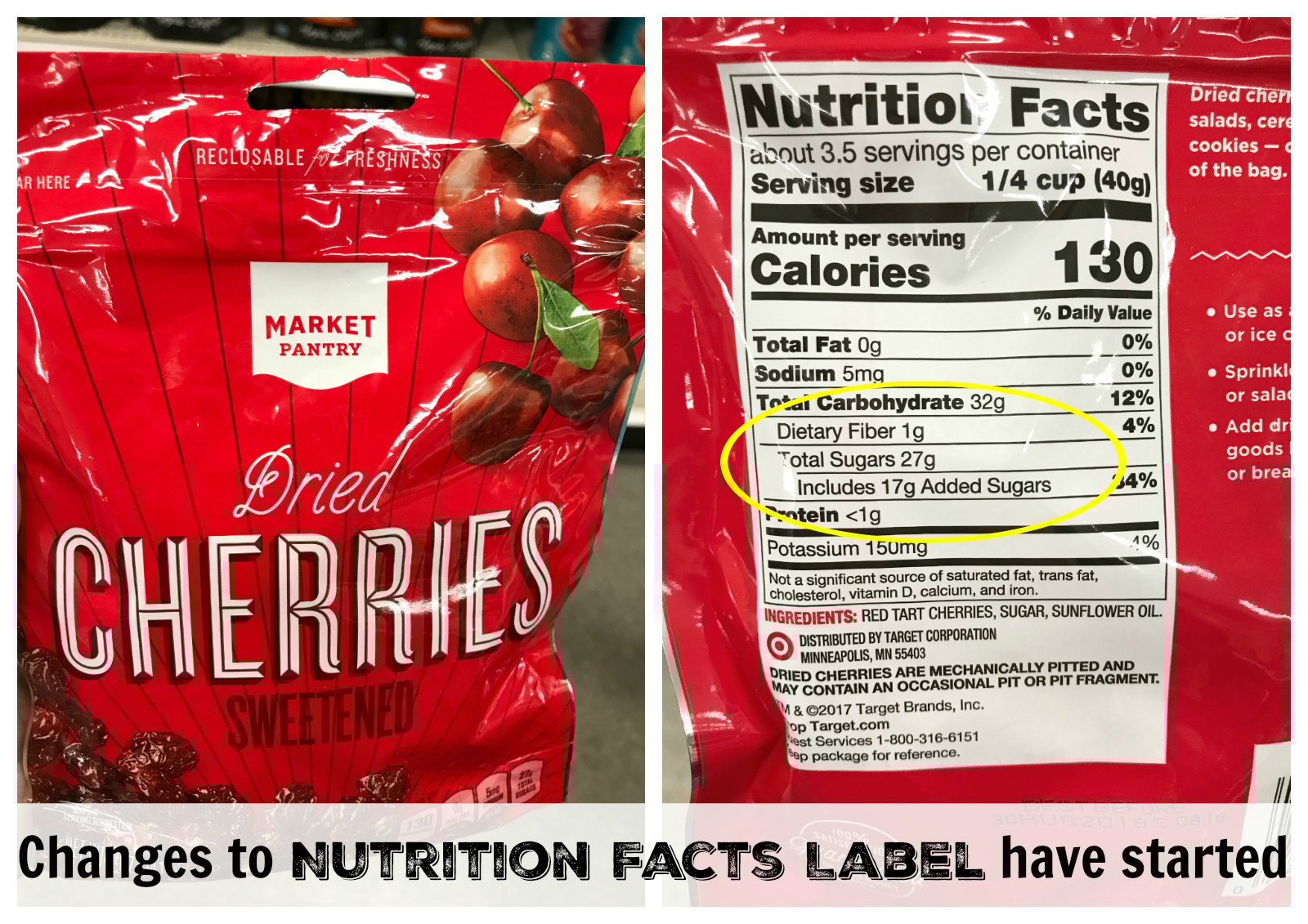 Dried cherries from Target with updated Nutrition Label showing added sugars