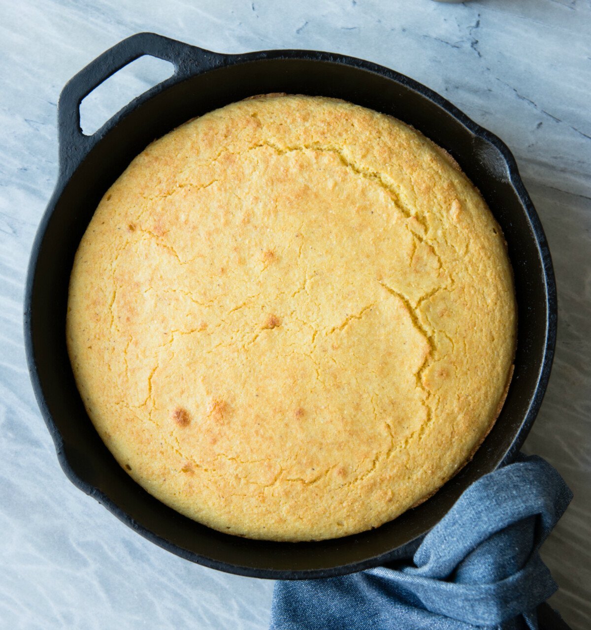 Cornbread in a cast iron skillet. 