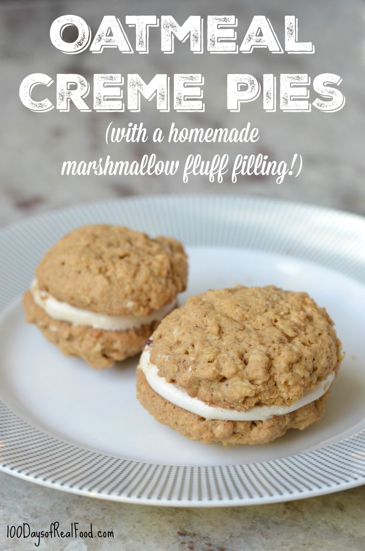 Two homemade oatmeal creme pies with a Homemade Marshmallow Fluff Filling.