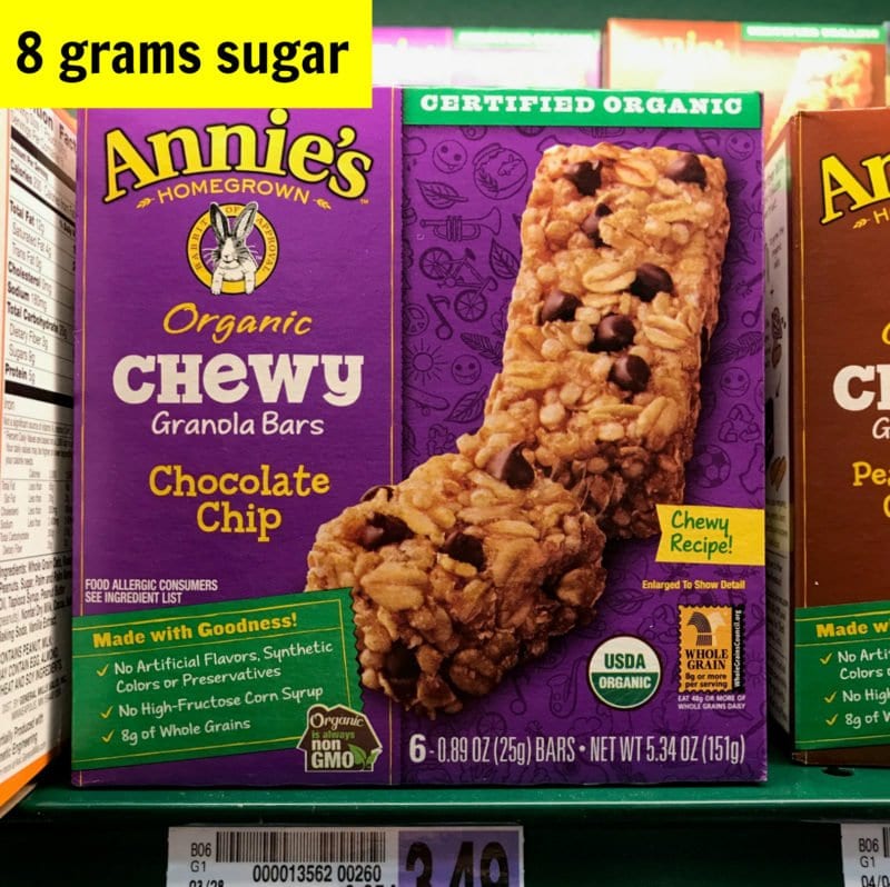How much sugar is in Annie's Organic chewy granola bars on 100 Days of Real Food