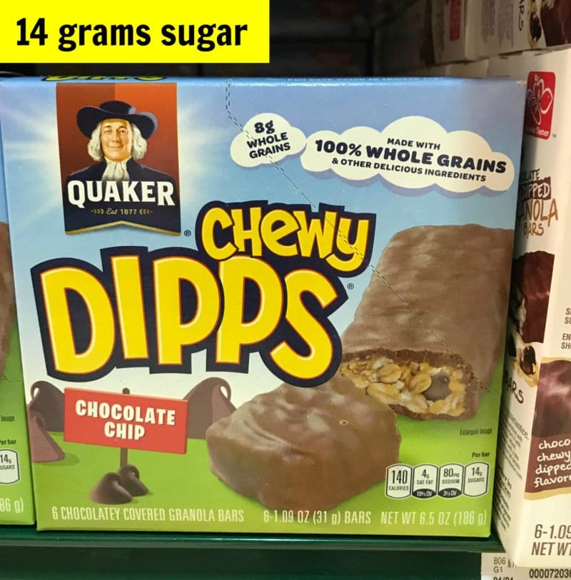 How much sugar is in Quaker chocolate dipped chocolate chip chewy granola bar on 100 Days of Real Food