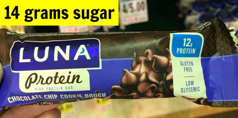 How much sugar is in Luna chocolate chip cookie dough protein bar on 100 Days of Real Food