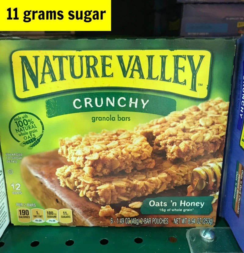 How much sugar is in Nature Valley oats and honey granola bar on 100 Days of Real Food