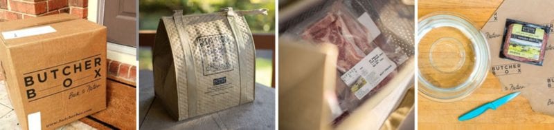 ButcherBox on 100 Days of Real Food - delivery box, insulated bag, package of frozen meat, bowl of water on counter with package of meat