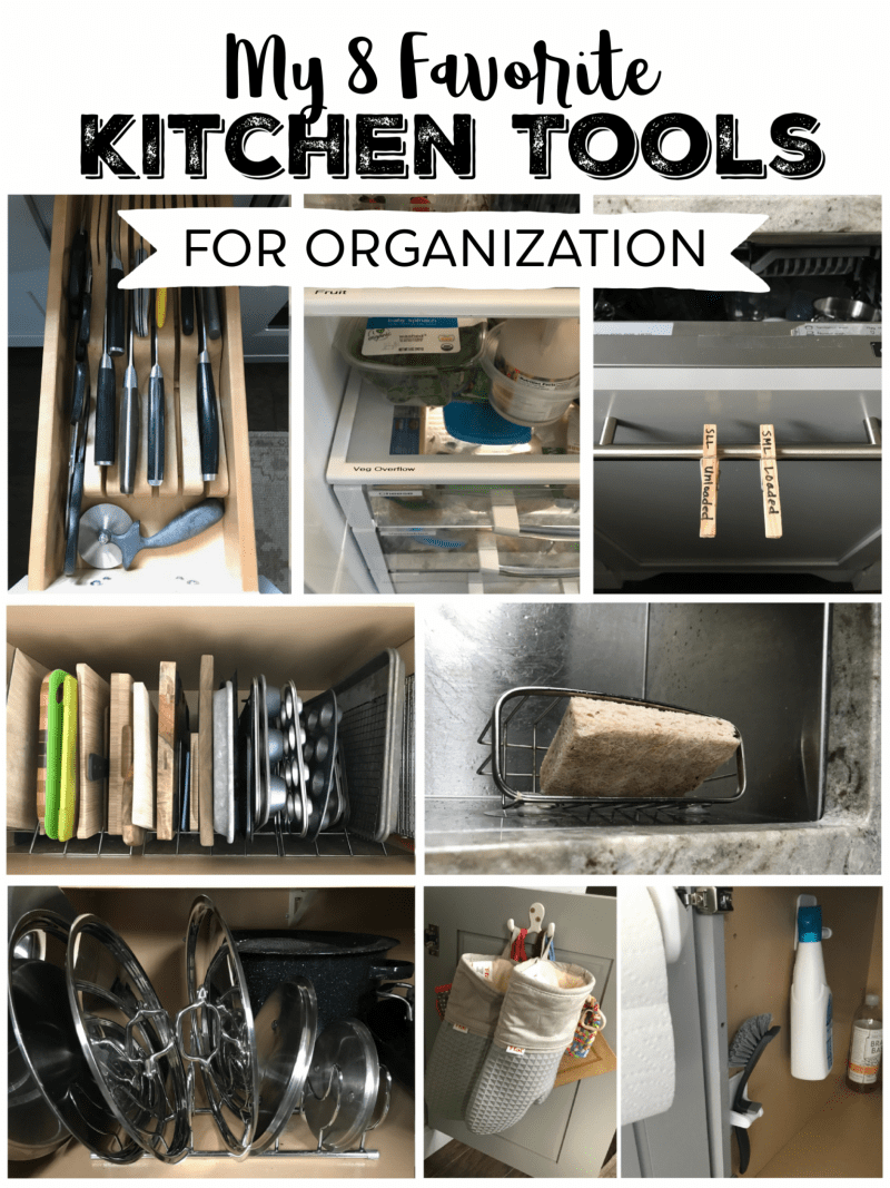 Kitchen Organization Ideas including racks, hooks, sponge basket, drawer knife rack, and labels