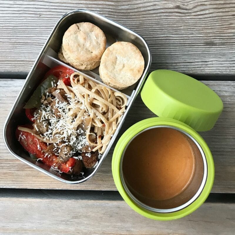 sausage and bell pepper pasta (served cold), from scratch whole-wheat biscuits, and warm homemade tomato bisque (from freezer) with noodles in it