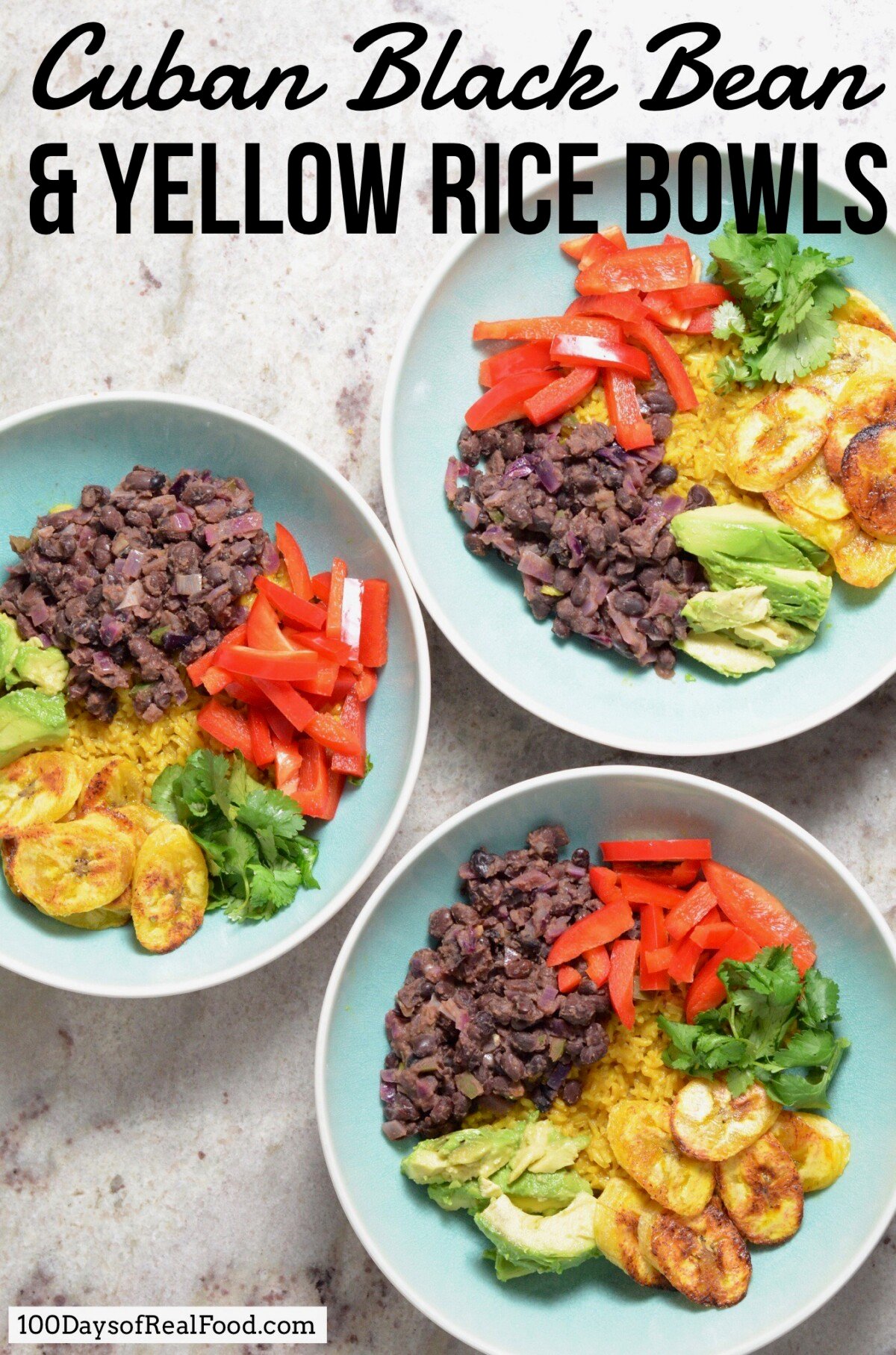 Three dinner bowls with cuban black beans, yellow rice, avocado, red peppers, and plantains.