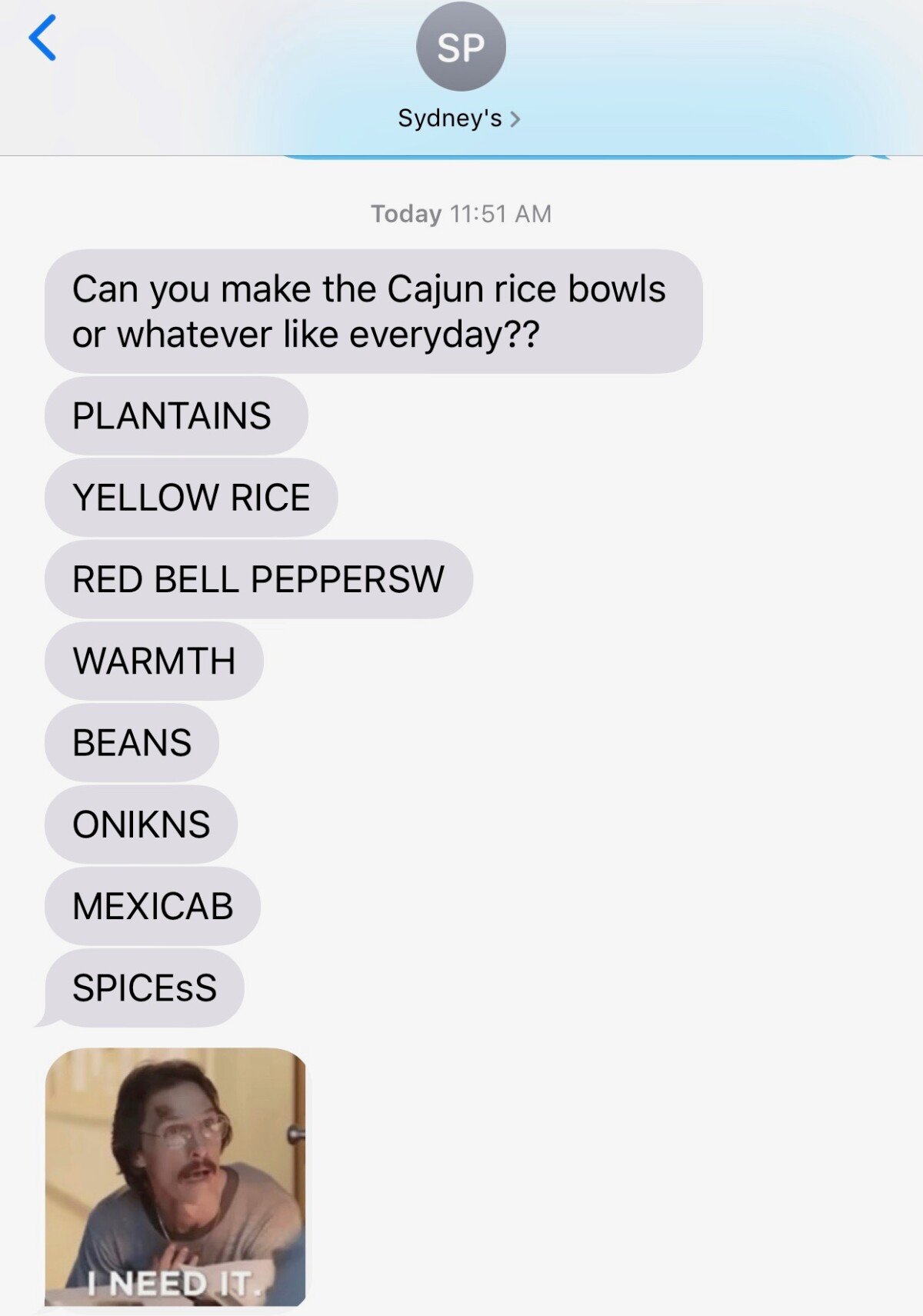 Lisa's daughter's text message about cuban black beans and yellow rice with roasted plantain