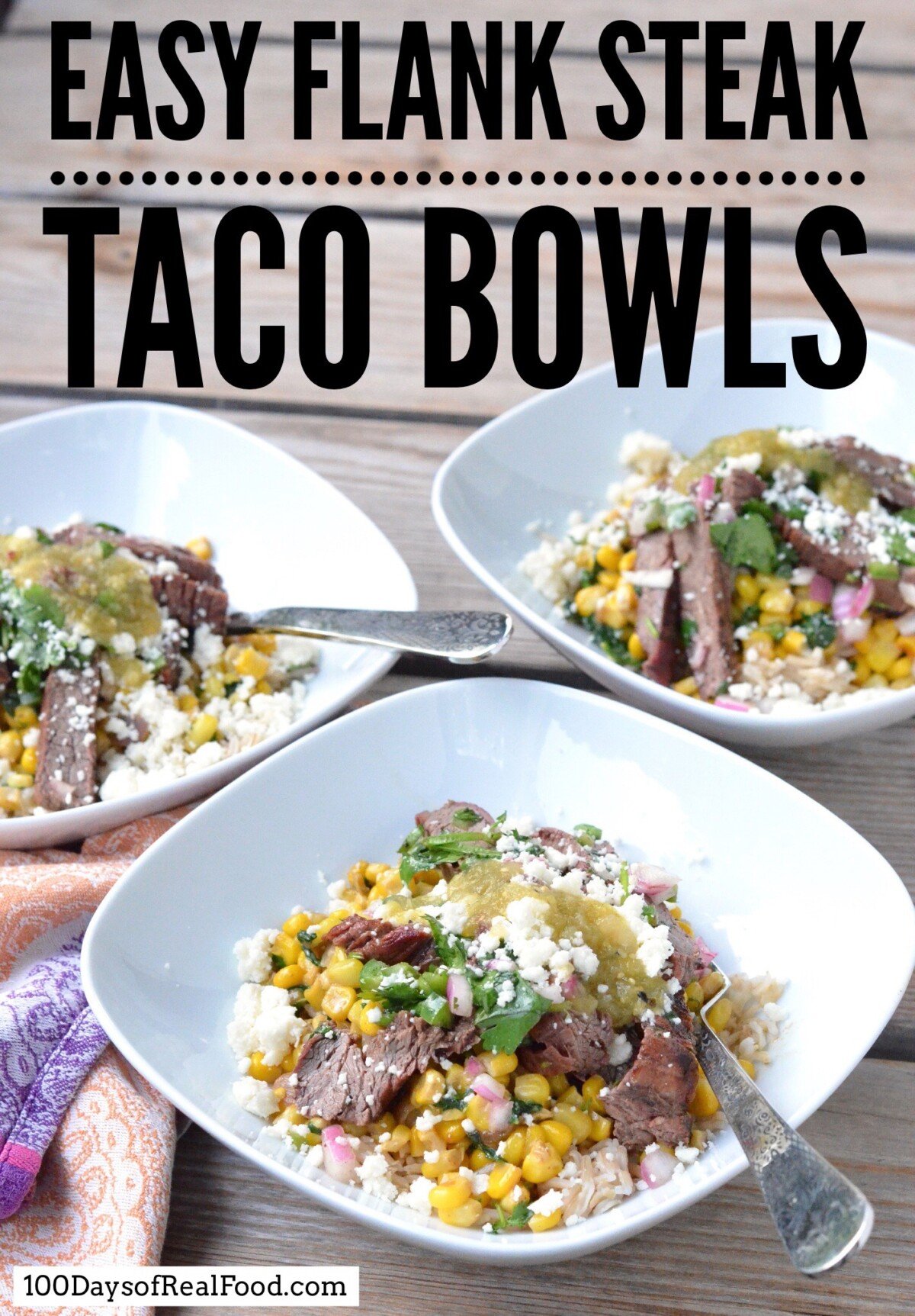 Three white bowls filled with rice, and flank steak topped with creamed spinach and corn.