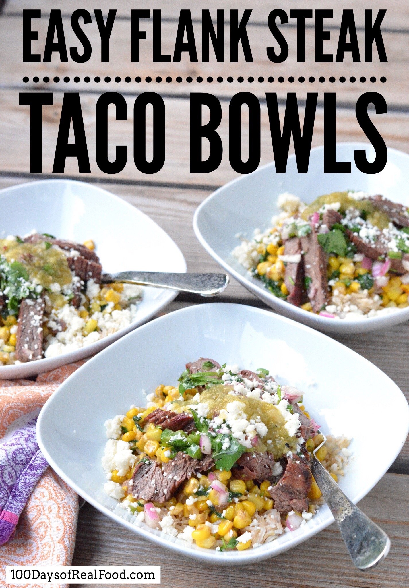 Three Flank Steak Taco Bowls on a table