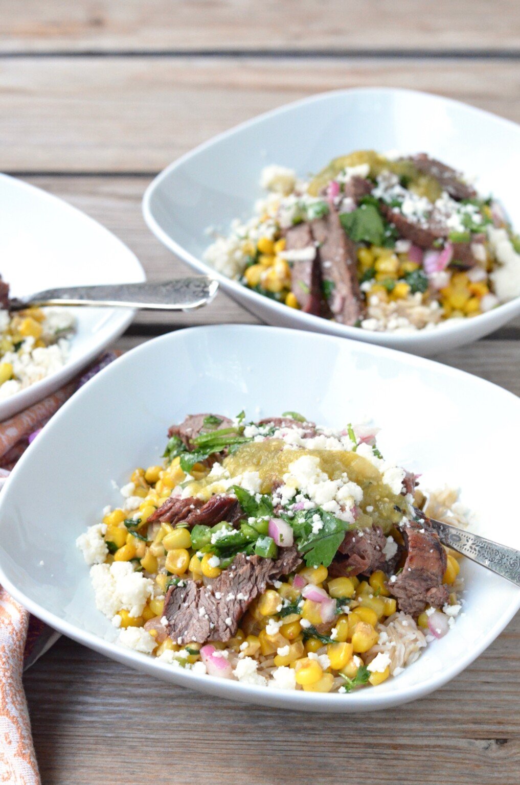 Easy Flank Steak Taco Bowls (with creamed spinach & corn) ⋆ 100 Days of