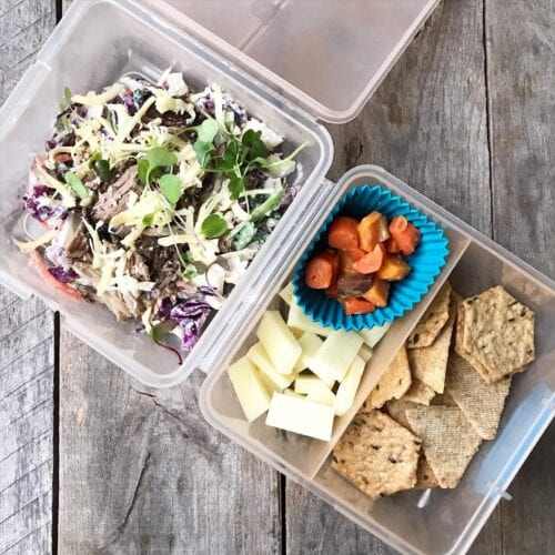 salad with pork carnitas and crackers and cheese from 100 Days of Real Food