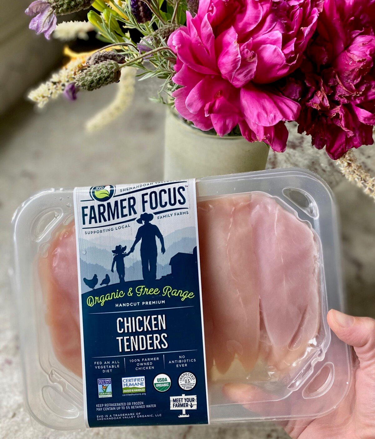 Farmer Focus chicken tenders in a package.