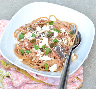 Slow Cooker Chicken and Chorizo Spanish Pasta on 100 Days of Real Food