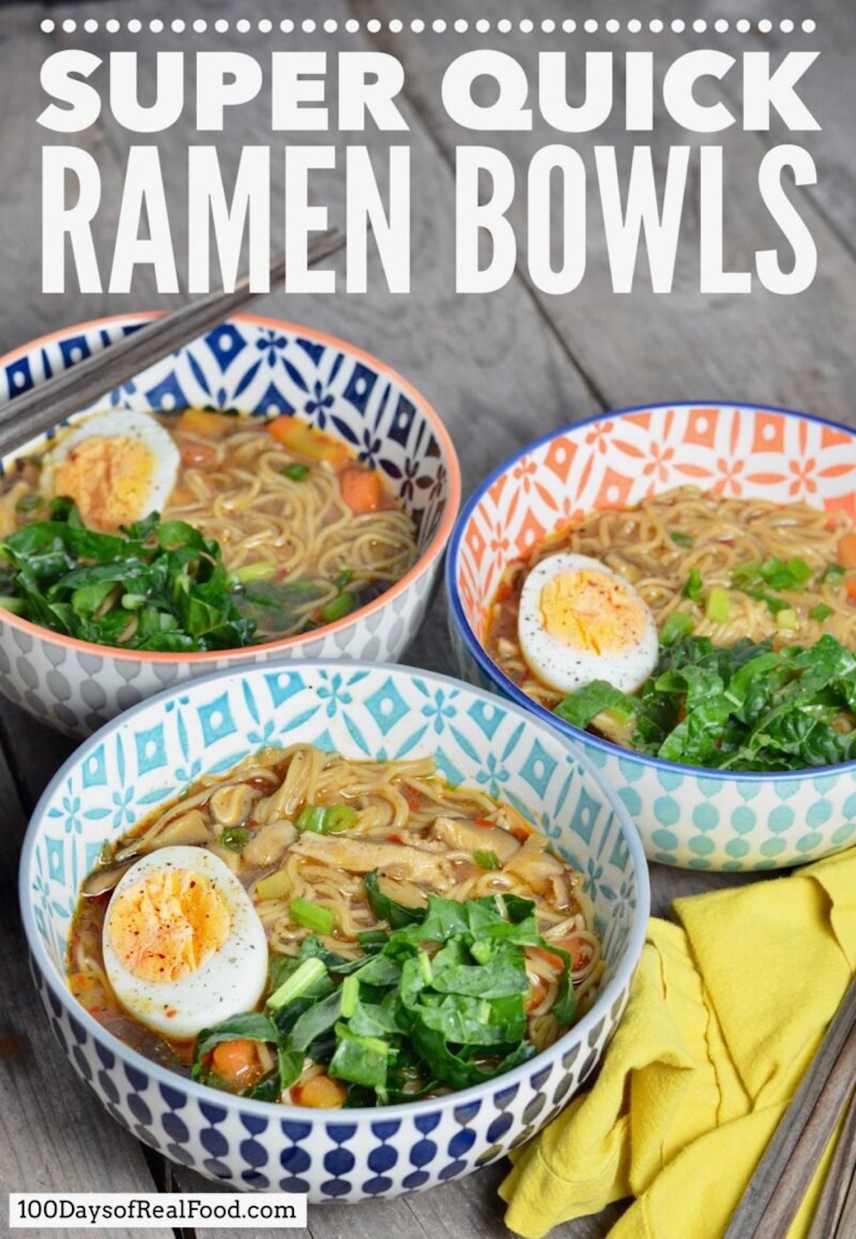 Three colorful bowls filled with homemade ramen topped with soft-boiled eggs, kale, and green onions.