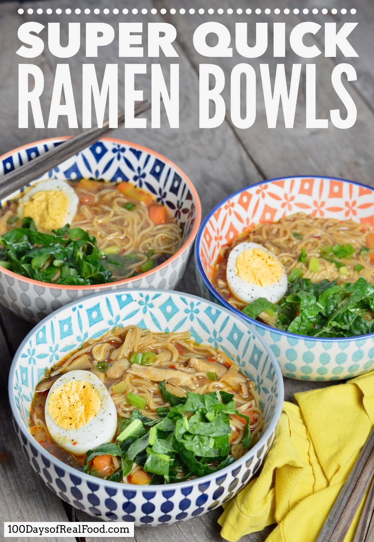 Three Ramen soups in vibrant colored bowls