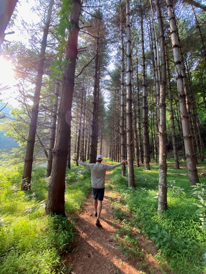 Man walking in the wilderness at a campsite in North Carolina.