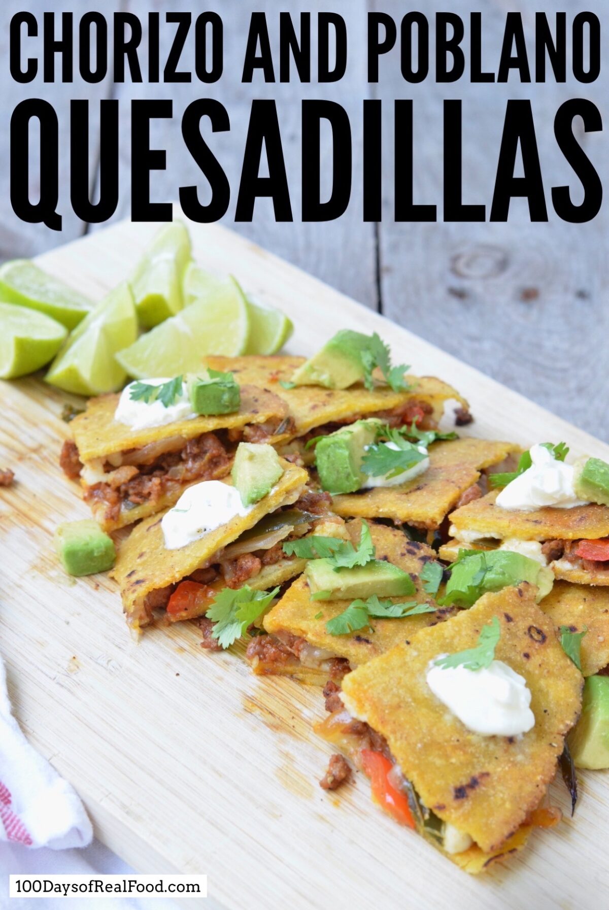 A handful of quesadillas filled with chorizo, poblano peppers, and cheese, topped with cilantro, avocado, and sour cream.