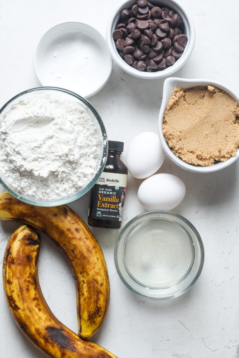 Ingredients for chocolate chip banana bread.