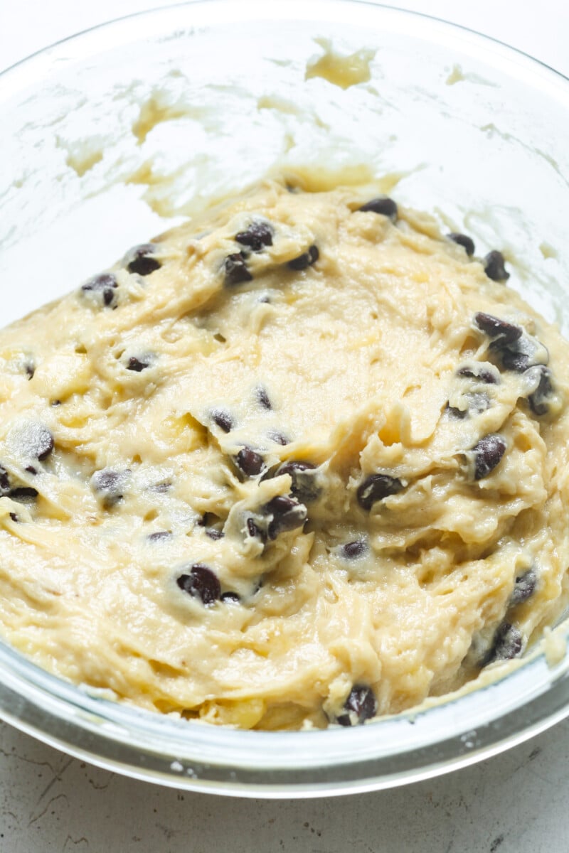 Bread batter with chocolate chips.