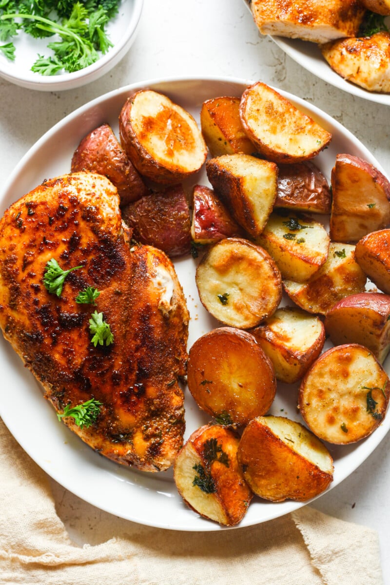 Blackened chicken with roasted potatoes.