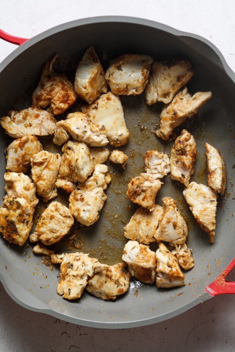 Cooked chicken pieces.